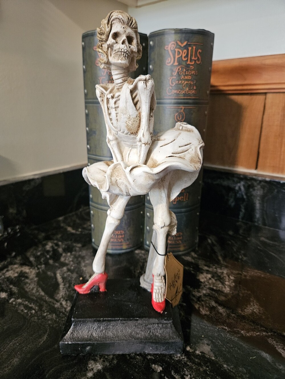 Marilyn Monroe Skeleton Halloween Figurine - White Dress & Red Heels 12"